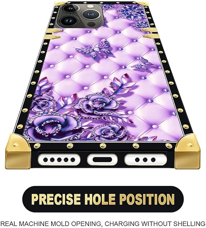 Compatible with iPhone 16 Pro Max Case, Purple Butterfly Flowers Leaf Luxury Golden Decoration for Girl Women Soft TPU Shockproof Protective Hard PC Back