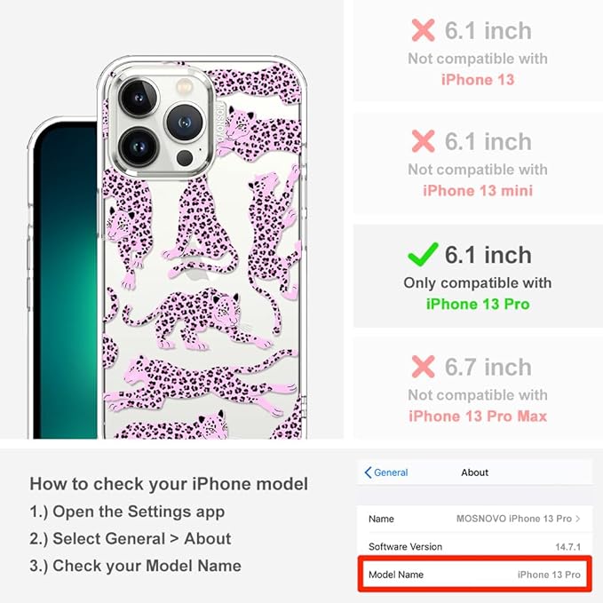 MOSNOVO Case for iPhone 13 Pro, [Buffertech 6.6ft Military-Grade Drop Protection] [Anti Peel Off Tech] Clear TPU Bumper Phone Case Cover Design - Pink Leopard