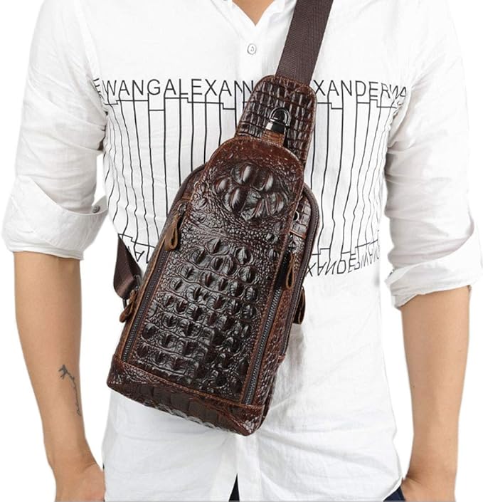Hebetag Crocodile Genuine Leather Sling Bag Backpack for Men Travel Outdoor Hunting Hiking Camping Crossbody Shoulder Chest Pack Daypack Coffee