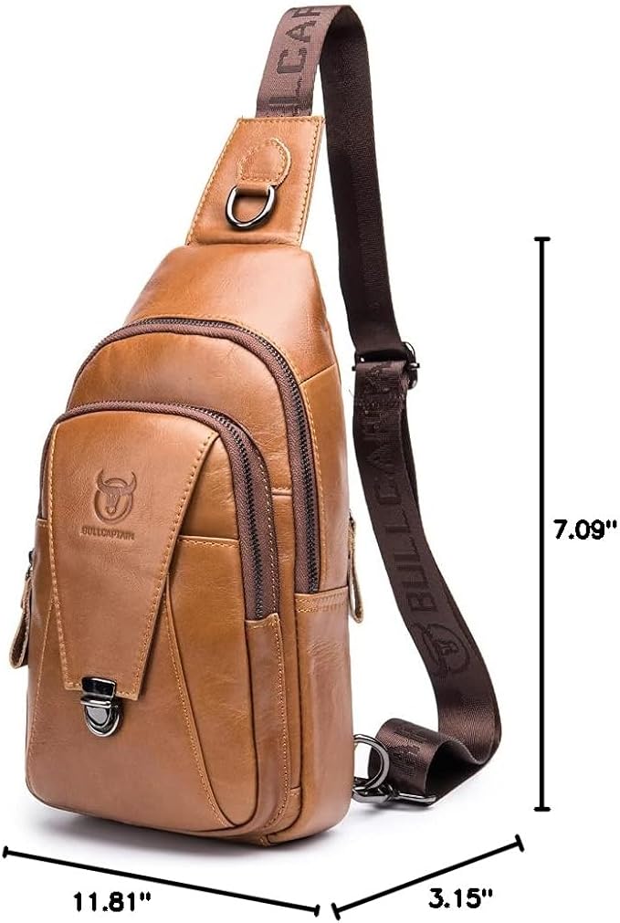 Hebetag Leather Sling Bag Crossbody Backpack for Men Women Outdoor Travel Work Shoulder Chest Pouch Camping Casual Daypack Brown 18cm(W) x8cm(D) x30cm(H)(7.08"x3.14"x11.81") approx;