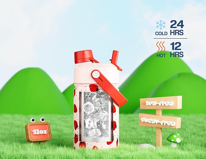 12 oz Kids Metal Water Bottle: 2-in-1 Straw Spout Lid, Spill-Proof, Easy Clean, Keep Cold 24H, Backpack Friendly, BPA-Free Stainless Steel Cup for School, Daycare, Playtime, Gift (Strawberry Squeeze)