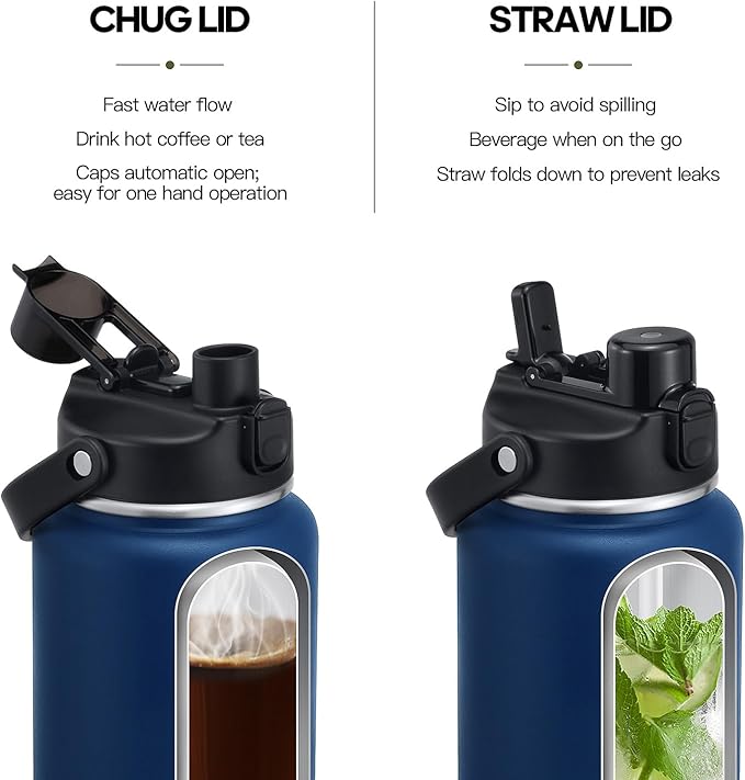 64oz Half Gallon Insulated Water Bottle with 2-in-1 Lid (Chug & Straw), Double Walled Vacuum Stainless Steel Water Bottles, Wide Mouth Leakproof Insulated Jug with Straw