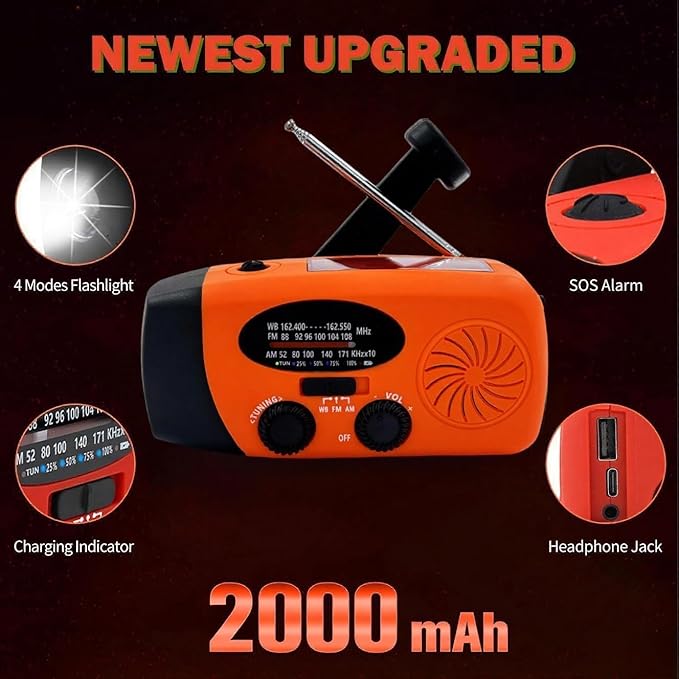 7400mWh Weather Emergency Radio, Portable Solar AM/FM/NOAA Hand Crank Radio, Cell Phone Charger with SOS, 1W LED Flashlight, Headphone Jack, Power for Emergency Preparedness (2000mAh Orange)