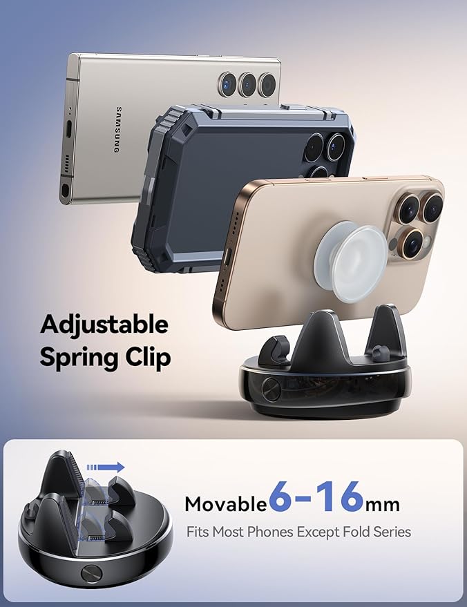 JOYROOM Car Phone Holder Mount, 360° Adjustable & Avoid Sun Glare Phone Holder for Car, Slip Free Spring Snap Design Dashboard Phone Stand, Compatible with Smartphones, GPS Devices