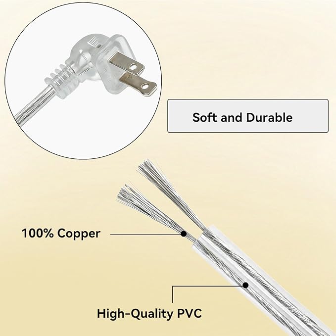 Clear Extension Cord 3FT, Indoor Short 2 Prong Extension Cord with Flat Plug, Ultra-Thin Power Cable for Home (18AWG, 10A/125V)