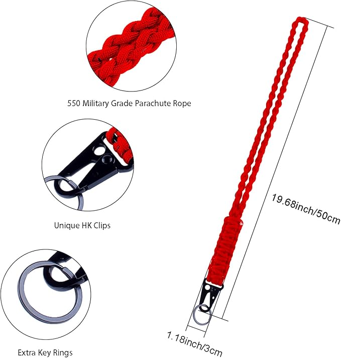 Heavy Duty Braided 550 Paracord Neck Lanyard Keychain for Men Women Outdoor Survival, Parachute Rope Necklace Keychains with HK Clip Key Ring for ID Card Badge Holder, Camera, Wallet and Keys (Red)