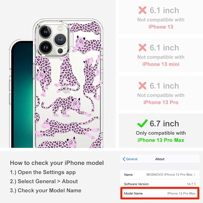 MOSNOVO Case for iPhone 13 Pro Max, [Buffertech 6.6ft Military-Grade Drop Protection] [Anti Peel Off Tech] Clear TPU Bumper Phone Case Cover Design - Pink Leopard