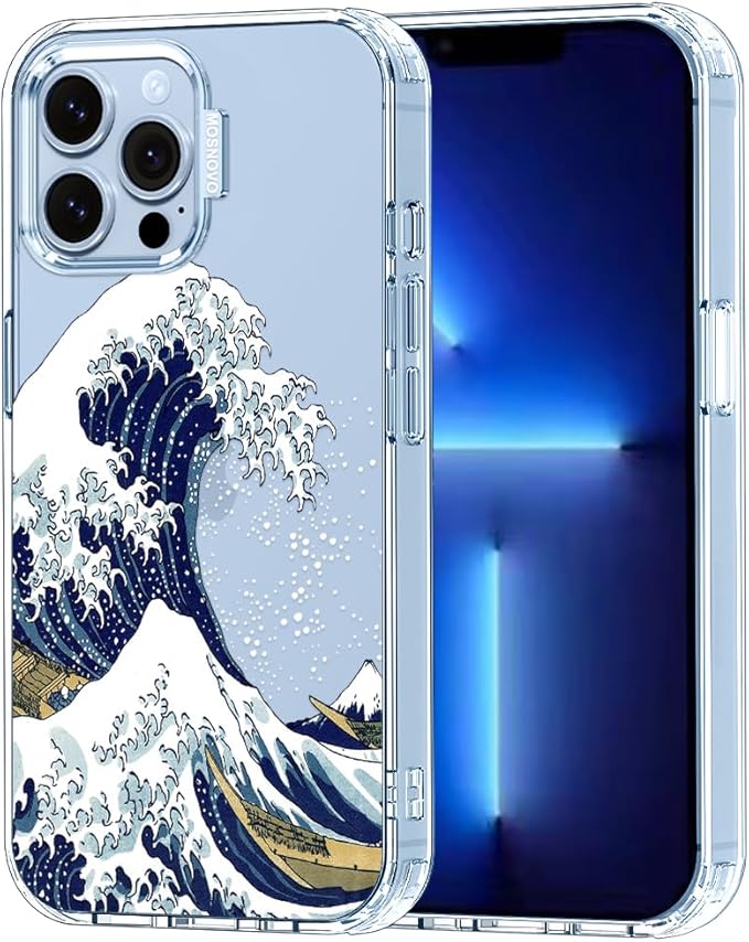 MOSNOVO Case for iPhone 13 Pro Max, [Buffertech 6.6ft Military-Grade Drop Protection] [Anti Peel Off Tech] Clear TPU Bumper Phone Case Cover Design - Great Wave