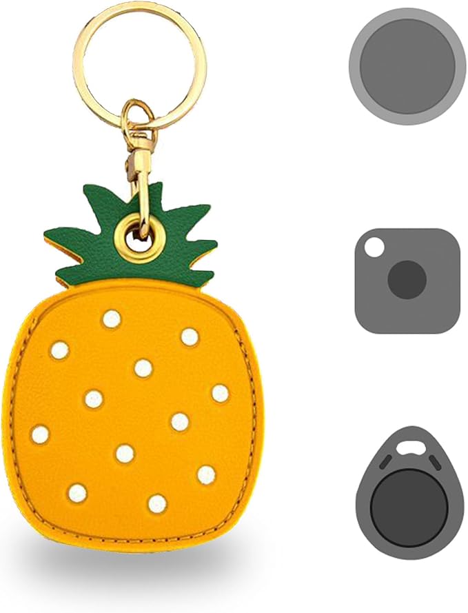 Universal Smart Tag Holder Fit for Tile Mate, AirTag, Galaxy SmartTag, eufy SmartTrack Link, Key Fob, Leather Cute Air Tracker Case with Key Rings, (Pineapple)