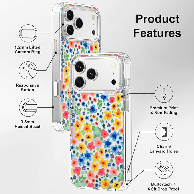 MOSNOVO for iPhone 17 Pro Max Case | Military Grade 6.6ft Drop Tested | Camera Control | Clear with Little Flowers Design