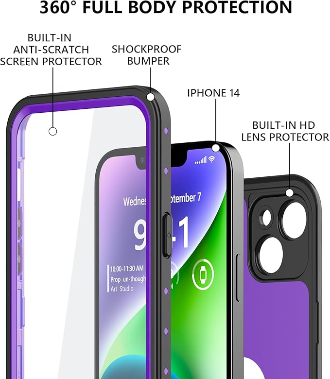 Protebox for iPhone 14 Waterproof Case with Built-in Screen Protector, Shockproof Dustproof Full Body Protective IP68 Waterproof Phone Case for iPhone 14 6.1 inch (Purple)