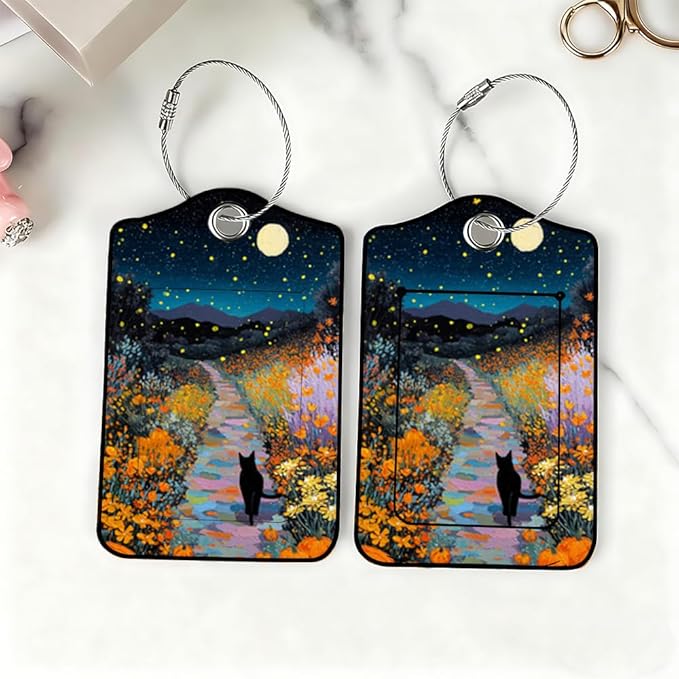 2Pcs Black Cat Pumpkin Luggage Tags, 2.83x4.53 Halloween Suitcase ID Labels with Privacy Cover, Aesthetic Starry Night Bag Tags for Backpacks, Fall Autumn Travel Accessories, Set of 2