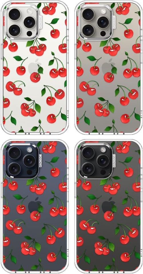 MOSNOVO Case for iPhone 15 Pro Max, [Buffertech 6.6ft Military-Grade Drop Protection] [Anti Peel Off Tech] Clear TPU Bumper Phone Case Cover Design - Cute Cherry