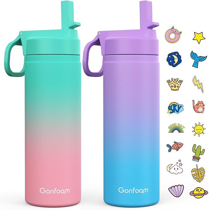 Kids Water Bottle, 2-Pack 20oz Water Bottles with Stickers and Straw, Stainless Steel Vacuum Insulated cup, Kids Water Bottle for School, Gifts for Boys and Girls(Purple/Green)