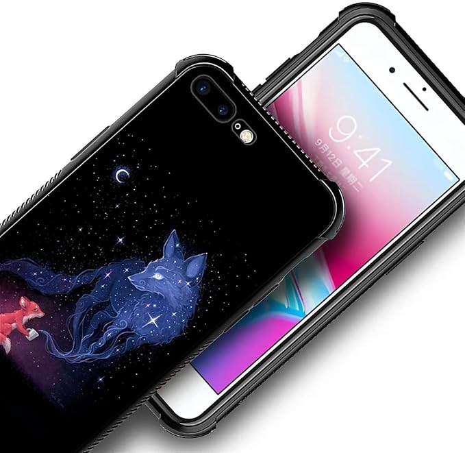 for iPhone 7/8 Case, Galaxy Fox Wolf Pattern Graphic Design Girl Boy Soft Silicone Hard Acrylic Shock Protection for iPhone 7/8
