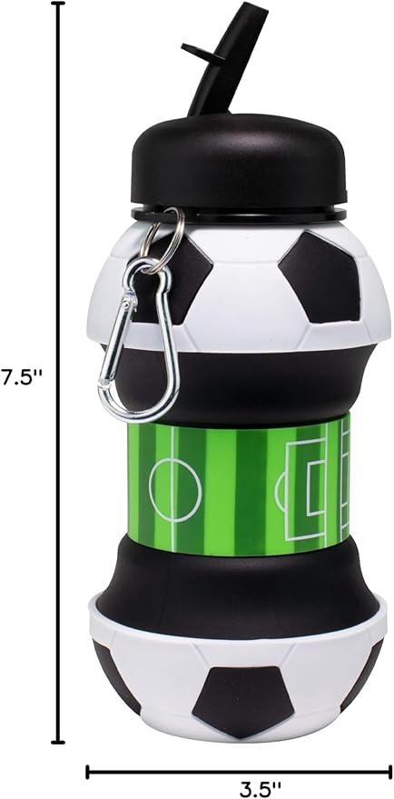 Maccabi Art Collapsible Silicone Soccer Ball Water Bottle for Kids, 18 oz BPA-Free with Clip, Leak-Proof Spout, Portable Sports Drink Bottle