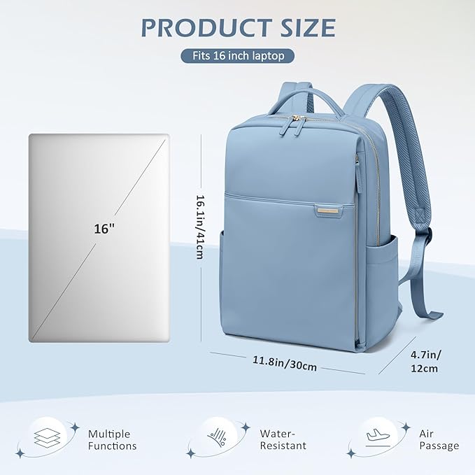 Laptop Backpack for Women, Work Business Traval Computer Backpacks with Laptop Compartment Waterproof Casual Daypack for Travel College,16Inch,Misty Blue