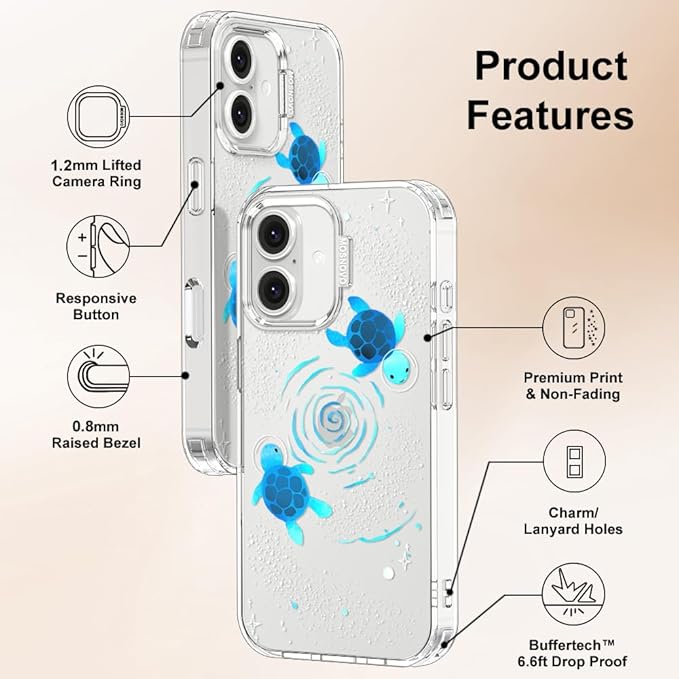 MOSNOVO Case for iPhone 16 Plus, [Buffertech 6.6ft Military-Grade Drop Protection] [Anti Peel Off Tech] Clear TPU Bumper Phone Case Cover Design - Space Turtle