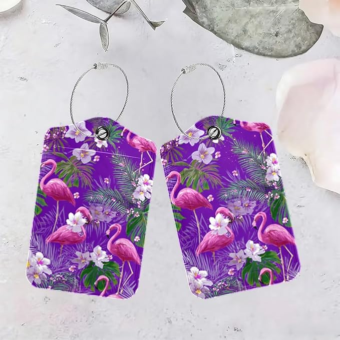2 Pack Flamingo Luggage Tag 2.83 x 4.53 inch Tropical Pink Bird Purple Background Suitcase ID Label Decorative Travel Accessories Stylish Bag Tag for Women Men