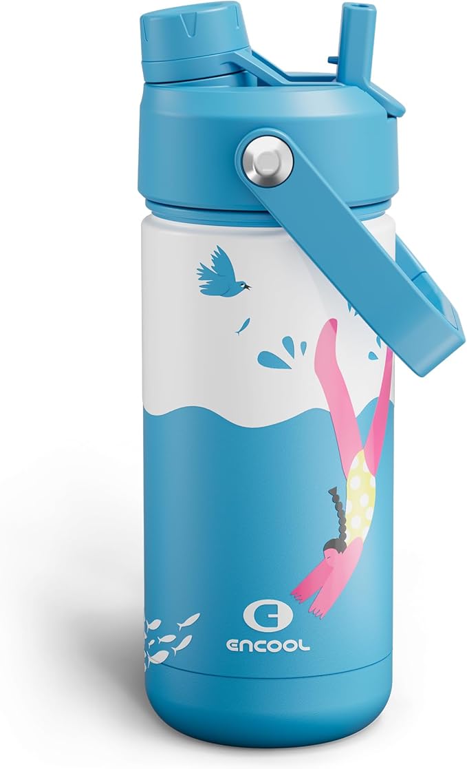ENCOOL Kids Insualated Water Bottle with Straw,18oz Stainless Steel Water Bottle with Dual Spouts, Leak-Proof,BPA-Free,Double Wall Vacuum Keeps Cold for 24 Hours for Sports,Travel,School (Water Leap)