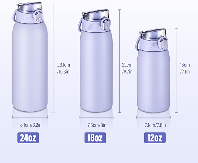 Insulated Water Bottle 24 oz with Dustproof Lid, Carry Handle & Tea Infuser, BPA-Free & Leakproof, Stainless Steel Water Bottles Ideal for Fitness, Hiking, Office & Outdoor Use （Light Purple）