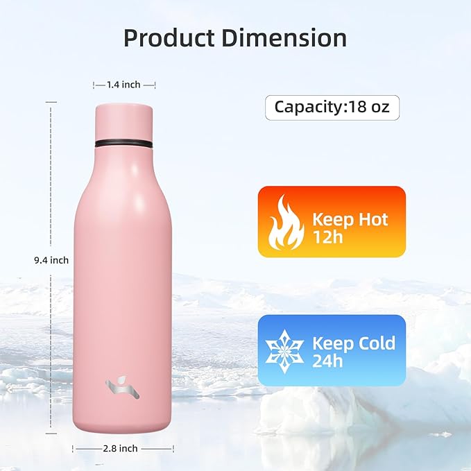Konokyo Insulated Water Bottle with Strap,18 oz Double Wall Stainless Steel Vacuum Bottles Metal Water Flask,Light Pink