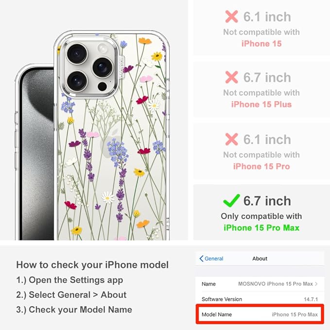 MOSNOVO Case for iPhone 15 Pro Max, [Buffertech 6.6ft Military-Grade Drop Protection] [Anti Peel Off Tech] Clear TPU Bumper Phone Case Cover Design - Floral Garden