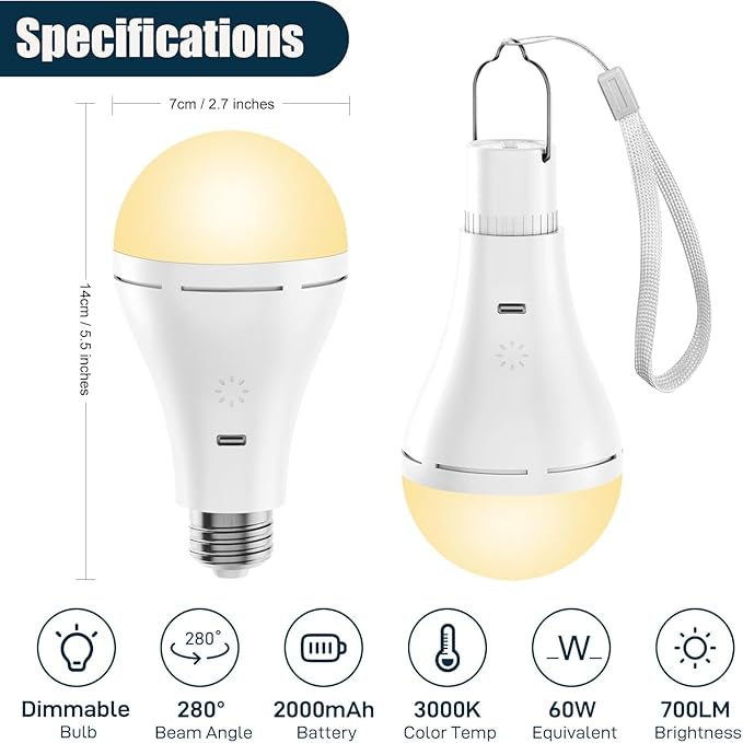 Brightown USB Rechargeable Light Bulb with Remote and Timer, Battery Emergency Light Bulbs for Home Power Outage, Hanging LED Light Bulb with Hook for Outdoor Camping Tent, 700LM, 6000K, 2 Pack