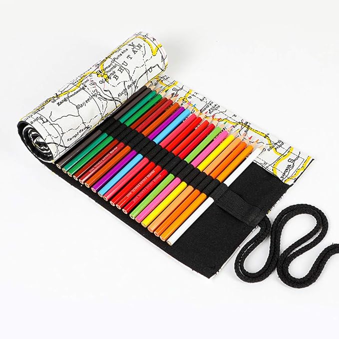 Funny live 24/36/48/72 Slots Colored Pencil Wrap Roll up Pen Holder Case Drawing Coloring Pencil Roll Organizer Stationery Case for Student Artist Traveler (Map, 36 Slots)