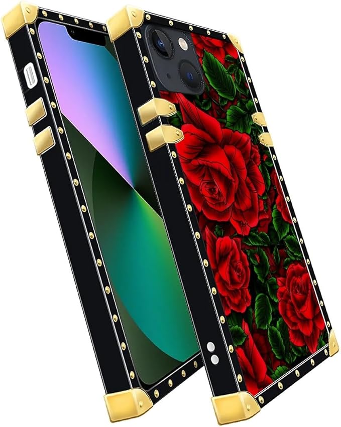 Compatible with iPhone 13 Case, Vector Red Rose Green Leaf Luxury Golden Decoration for Girl Women Soft TPU Shockproof Protective Hard PC Back for iPhone 13