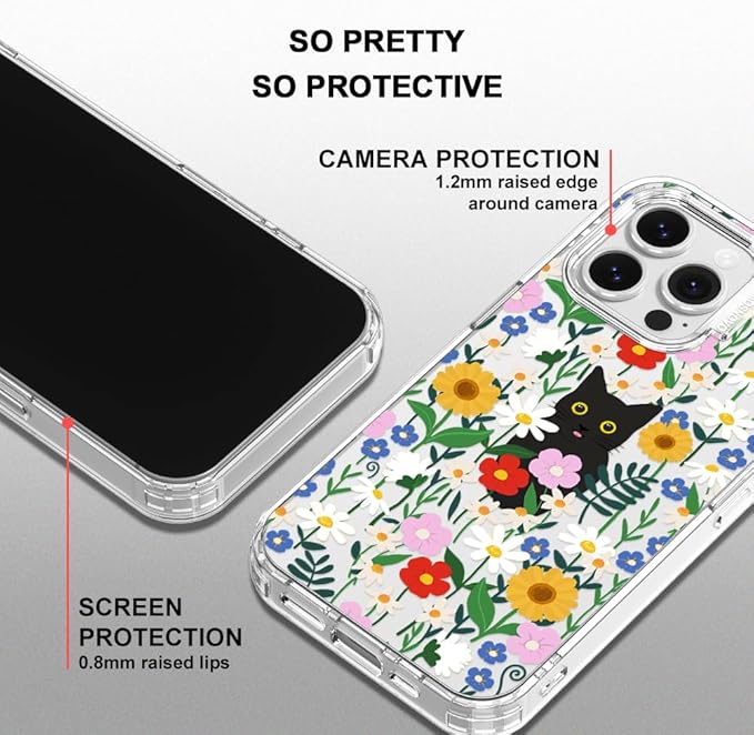 MOSNOVO Case for iPhone 16 Pro Max, [Buffertech 6.6ft Military-Grade Drop Protection] [Anti Peel Off Tech] Clear TPU Bumper Phone Case Cover Design - Black Cat in Garden