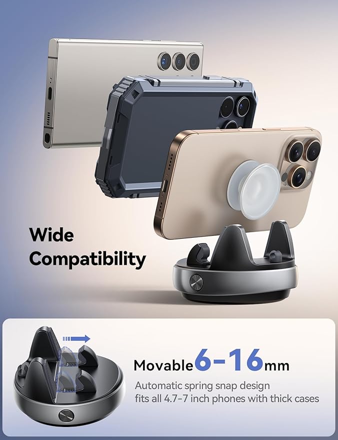 JOYROOM Car Phone Holder, [Adjustable Spring Design] Dashboard Cell Phone Holder Compatible with Popsocket, 360°Rotatable & Vertical 30°Adjustable Mount for Car, Silver