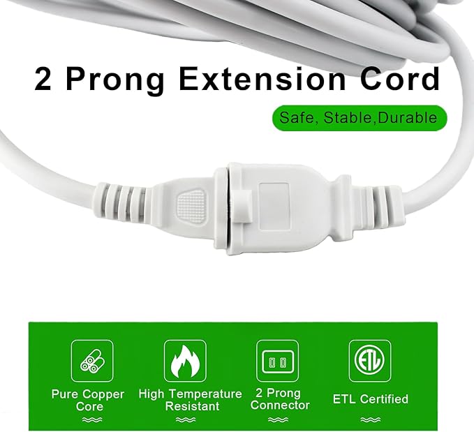 White Outdoor Waterproof 2 Prong Extension Cord 100 FT Heavy Duty ETL Listed Outside Power Cord for Lawn & Garden, 13A 1625W 16AWG Indoor Tool Extension Cords