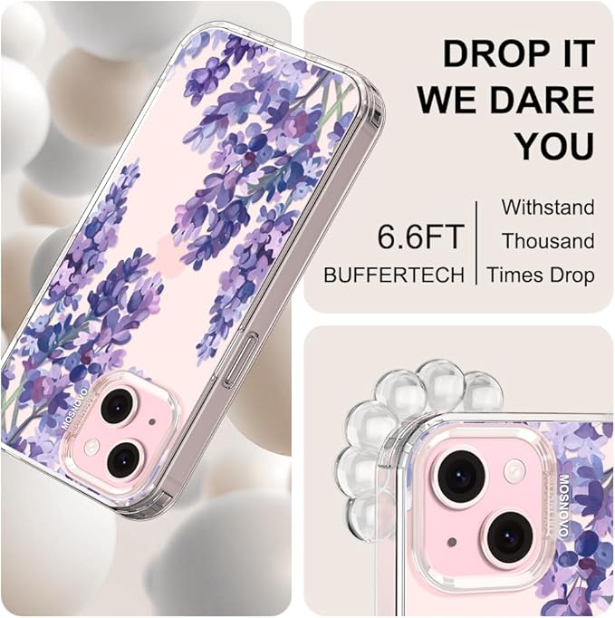 MOSNOVO Case for iPhone 15 Plus/iPhone 14 Plus, [Buffertech 6.6ft Military-Grade Drop Protection] [Anti Peel Off Tech] Clear TPU Bumper Phone Case Cover Design - Lavender
