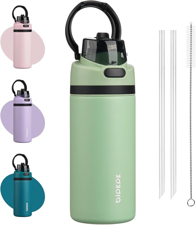 BJPKPK 17oz Insulated Water Bottle with 2-1 Straw Spout Lid, Stainless Steel Metal Water Bottles with Carry Handle, BPA Free, Leak-Proof, Fits in Car Cup Holder, Thermo for Sports,Macaron Green