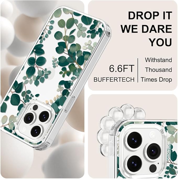 MOSNOVO Case for iPhone 13 Pro, [Buffertech 6.6ft Military-Grade Drop Protection] [Anti Peel Off Tech] Clear TPU Bumper Phone Case Cover Design - Eucalyptus
