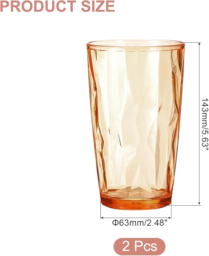 uxcell 17oz Acrylic Drinking Glasses, 2Pcs Plastic Reusable Tumblers Drinkware Unbreakable Water Glasses Cups Stackable & Dishwasher Safe for Home Outdoors Restaurant, Orange