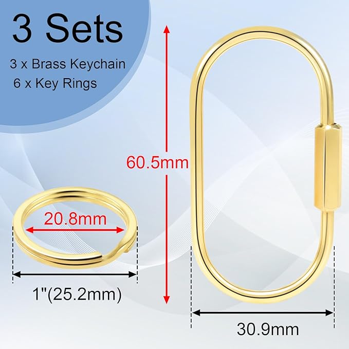 CooBigo 3 Pack Gold Brass Key Ring, Screw Lock Key Organizer with 6 Keyrings, Carabiner Keychain Clip for Car Keys Purse Bag Charms Luggage Tags Accessories