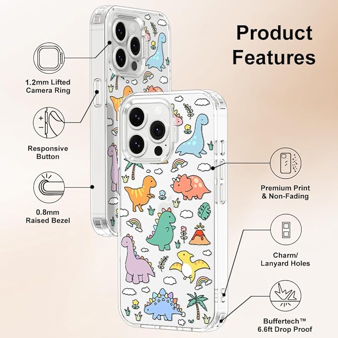 MOSNOVO for iPhone 14 Pro Max Case | Military Grade 6.6ft Drop Tested | Clear with Dinosaur Land Design