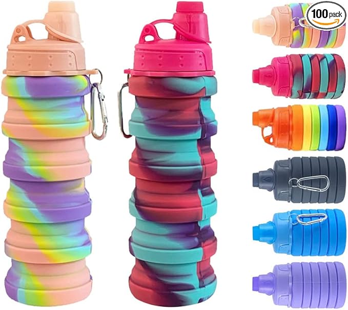 Collapsible Travel Bottles 2 Pack - Portable Hiking Bottles, Leak Proof 500ML, Reusable BPA Free Silicone (Pink+Rose Red)