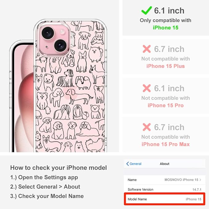 MOSNOVO Case for iPhone 15, [Buffertech 6.6ft Military-Grade Drop Protection] [Anti Peel Off Tech] Clear TPU Bumper Phone Case Cover Design - Doodle Dog