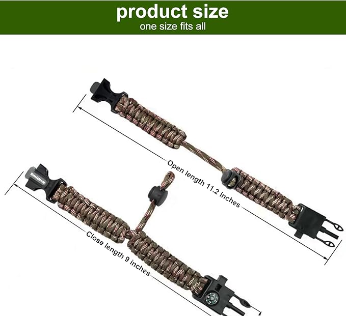 Smithok Paracord Survival Bracelet-Length Adjustable,Loud Whistle Emergency Compass Survival Fire Starter Scraper Accessories for Hiking and Camping and Hunting 4-Pack(Muti-Color)