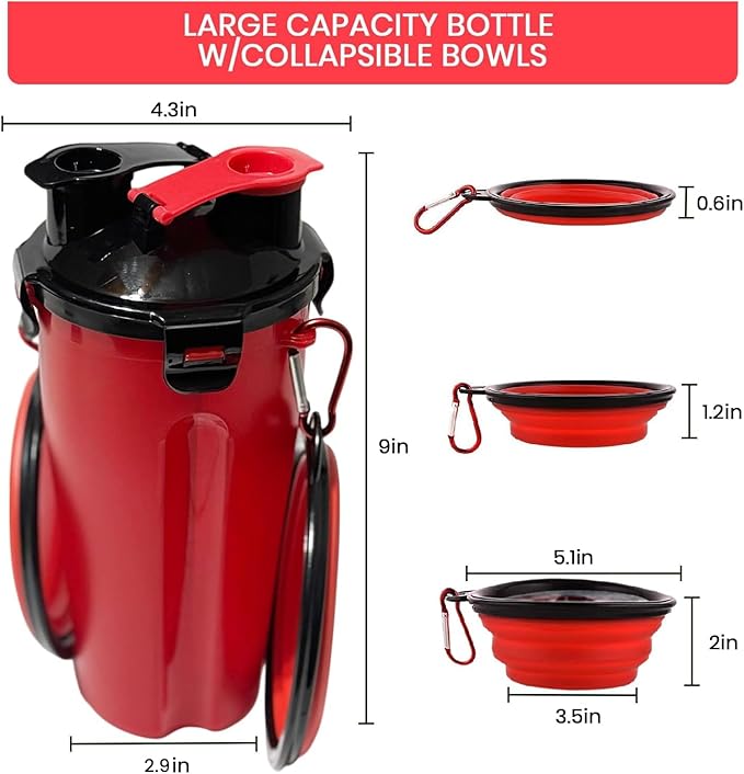 Dog Travel Water Bottle W/Collapsible Bowls - Portable 2 in 1 Leakproof Pet Water Bottle Food Container Ideal for Travel, Outdoor Portable Water Bowls for Walking, Camping & Hiking - (Red)