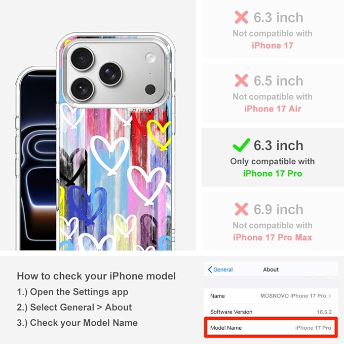 MOSNOVO for iPhone 17 Pro Case, Shockproof Military-Grade Protection 6.6ft Drop Tested, Camera Control, Clear Phone Case for iPhone 17 Pro, Graffiti Hearts Design