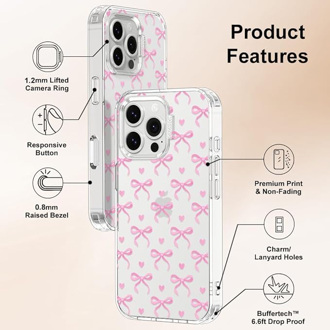 MOSNOVO Case for iPhone 16 Pro Max, [Buffertech 6.6ft Military-Grade Drop Protection] [Anti Peel Off Tech] Clear TPU Bumper Phone Case Cover Design - Bowtiful Love