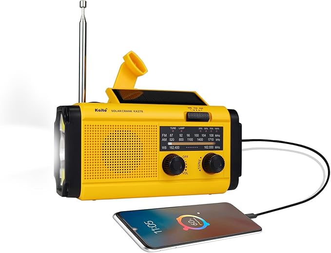 Kaito Voyager Solar Crank AM/FM & NOAA Weather Radio, Rechargeable 4000 mAh Battery, LED Flashlight Portable Emergency Radio for Outdoor and Home Use
