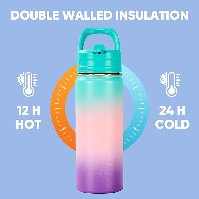 Fijinhom 18oz Insulated Stainless Steel Water Bottle with Straws, Double Wall Vacuum Insulated Bottles, Metal Thermo for Travel, Sports, Leak-Proof, BPA Free, Women & Men, Color Gradient