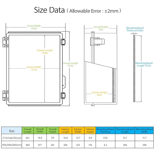 LeMotech Electrical Box, IP67 Waterproof Hinged Cover Stainless Steel Latch Junction Box, ABS Plastic Electrical Enclosure with Mounting Plate,Wall Brackets, Cable Glands, 17.7"x13.8"x7.9", Grey