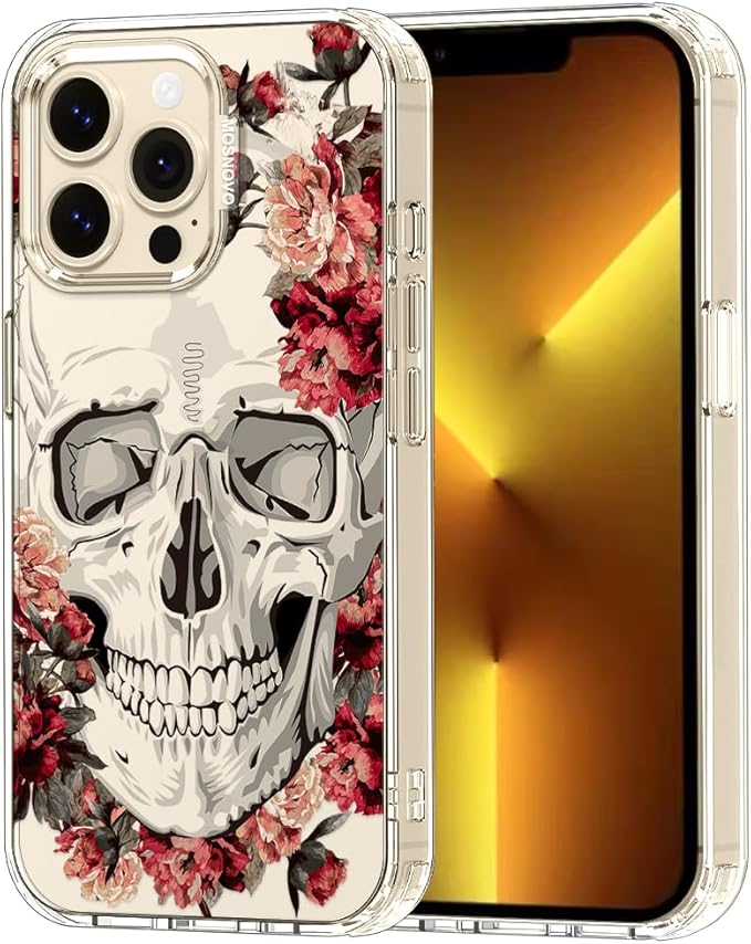 MOSNOVO Case for iPhone 13 Pro, [Buffertech 6.6ft Military-Grade Drop Protection] [Anti Peel Off Tech] Clear TPU Bumper Phone Case Cover Design - Red Flower Skull