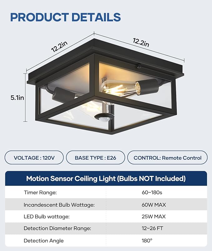 Motion Sensor Outdoor Ceiling Light with Remote, 12.2 Inch Black Flush Mount Porch Light Fixture with United Glass Cover, 5 Modes Outside Flush Mount Light for Porch, Garage, Patio, Entryway